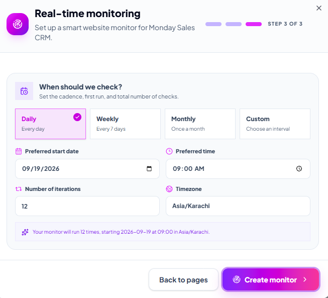 MetaCircle monitoring schedule settings